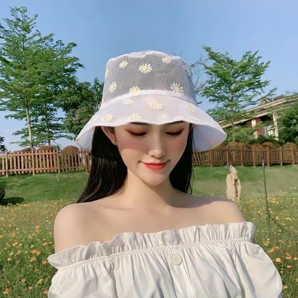 Mũ nón tai bèo phối ren họa tiết hoa cúc thời trang mùa hè 2022