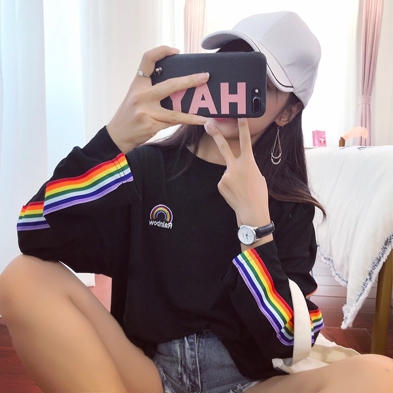 SUXI Áo thun nữ tay dài thêu hình cầu vồng