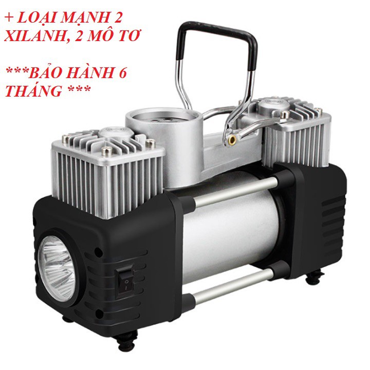 Bơm lốp ô tô loại mạnh 2 motor, 2 xi lanh đa chức năng, đo áp suất lốp loại mạnh, kèm theo dây kẹp bình, có đèn led