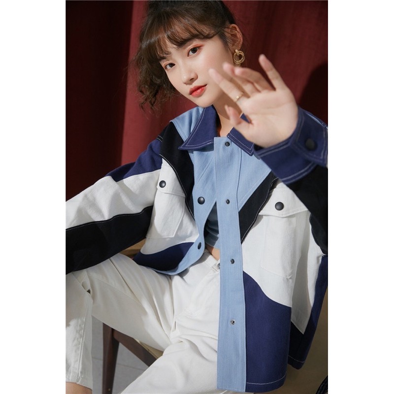 KAKI JACKET - Áo khoác kaki hoạ tiết patchwork xanh