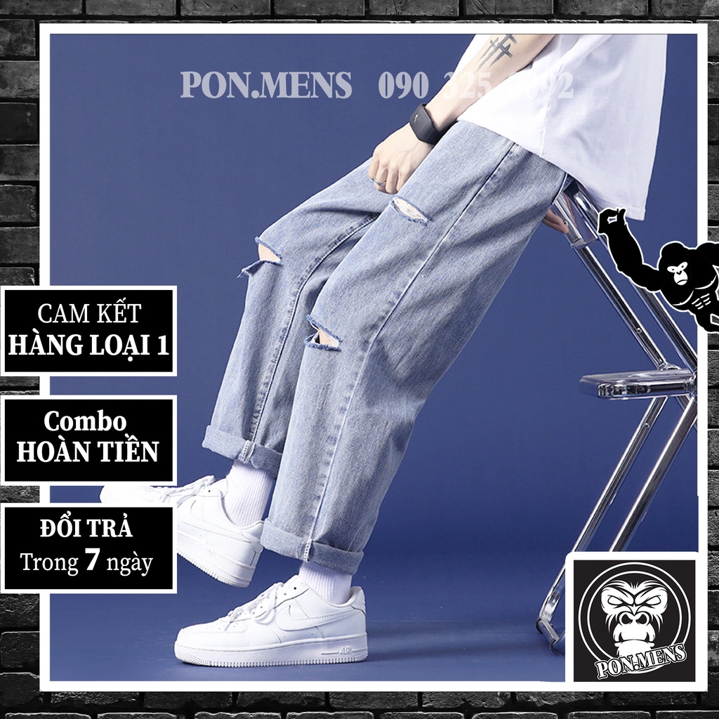 Quần jean ống rộng nam rách gối VNXK màu xanh 2021 040 Pon.mens | BigBuy360 - bigbuy360.vn