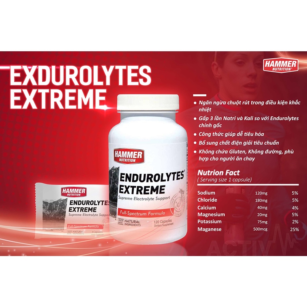 Viên muối điện giải Endurolytes Extreme Hammer Nutrition - Ngăn ngừa chuột rút trong điều kiện khắc nghiệt (Gói 3 viên)