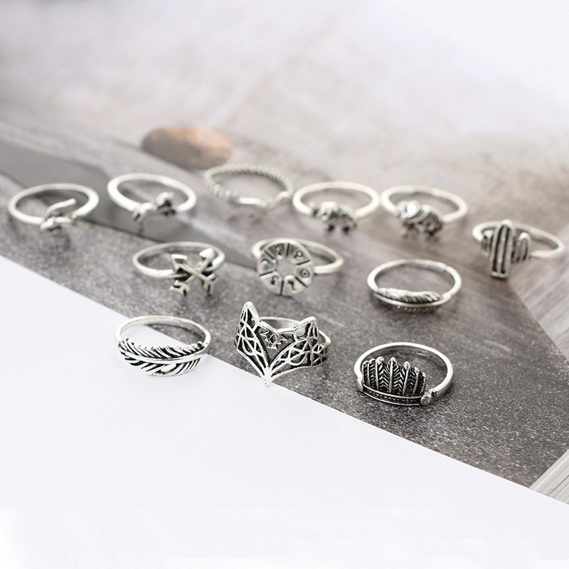 Bohemian Vintage Elephant Animal Ring Bird Leaves Jewelry Gifts 12Pcs