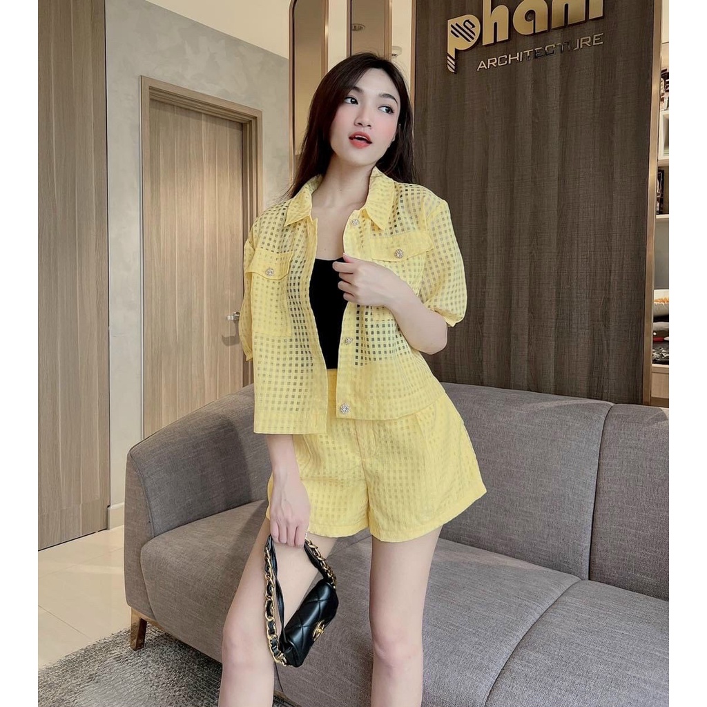 [8.8 Sales Freeship] Set bộ đùi lưới đi biển, set áo sơ mi phối túi đính nút mix quần short đùi phồng cá tính