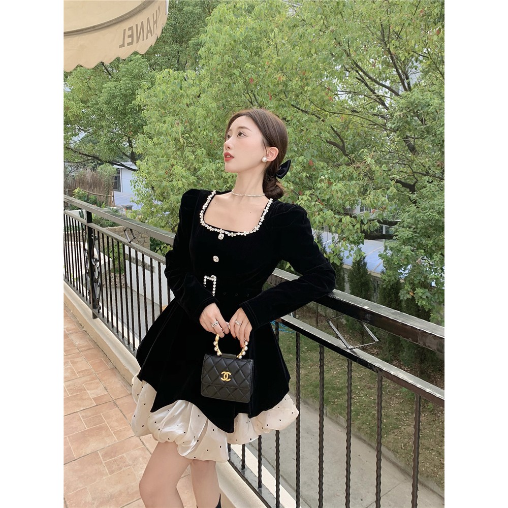 Váy nhung dài tay của nữ phong cách mùa thu kiểu Pháp hàng Quảng Châu cao cấp