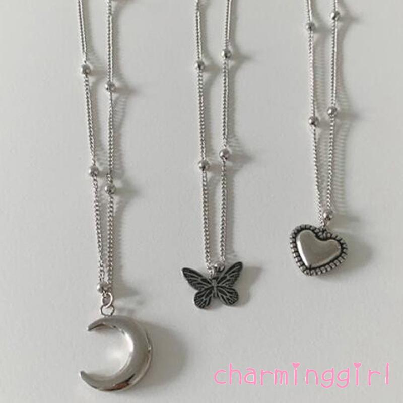 Bộ 3 Vòng cổ hợp kim mặt hình bướm mặt trăng trái tim sáng tạo cho nữ