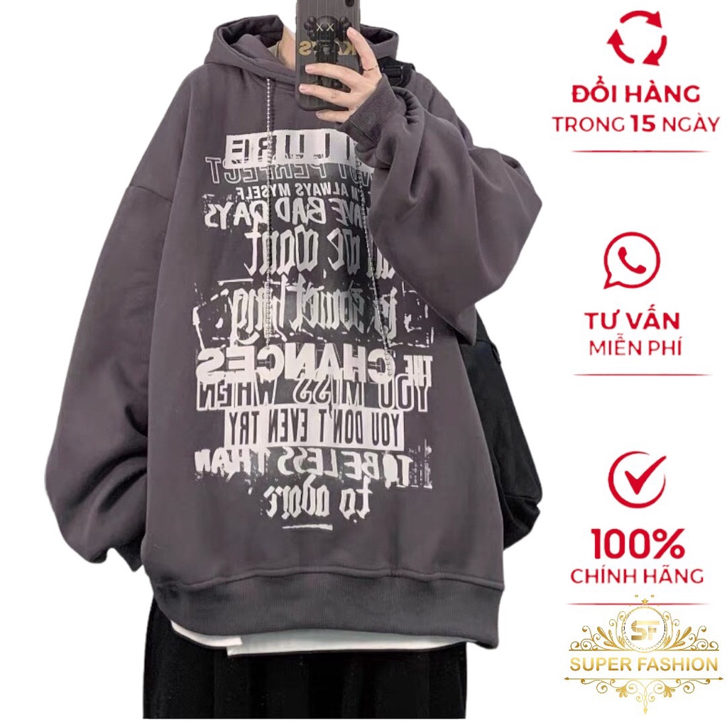 Áo Hoodies Nam Chui Đầu SUPER FASHION Vải Nỉ Mềm Nón Lớn In Chữ Form Rộng HN02
