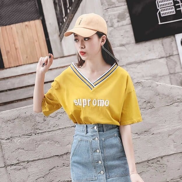 Áo Thun Ngắn Tay Cổ Chữ v Dáng Rộng Phong Cách Hàn Quốc Cho Nữ NZ-TX-218