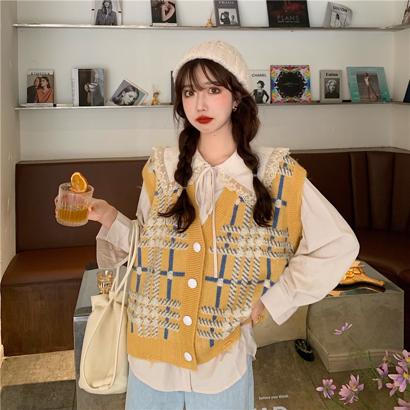 Áo Dệt Kim Cổ Chữ V Họa Tiết Sọc Caro Phong Cách Cổ Điển Thời Trang Thu Đông Hàng Mới