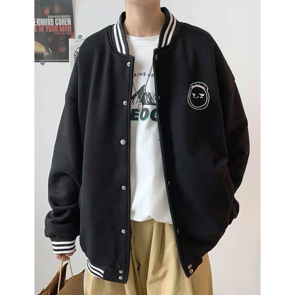 Áo khoác nỉ BOMBER thêu emoji form rộng unisex nam nữ hai màu Đen BOTEE