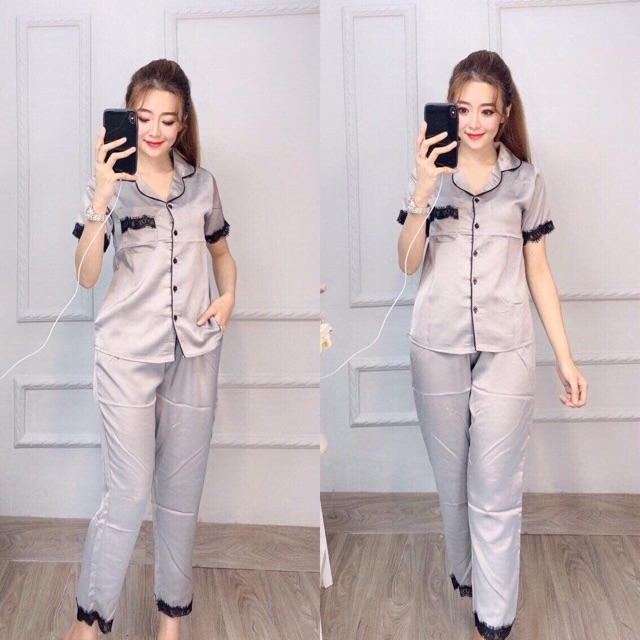 Đồ Bộ Pijama Tay Ngắn Quần Dài Viền Ren Phi Lụa