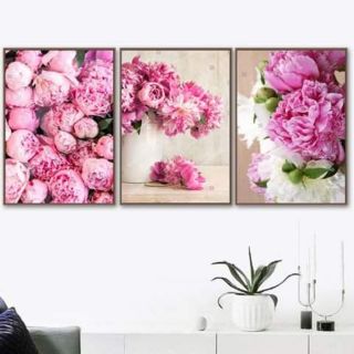 Bộ 3 tranh canvas hoa mẫu đơn hồng 40x60 kèm khung viền