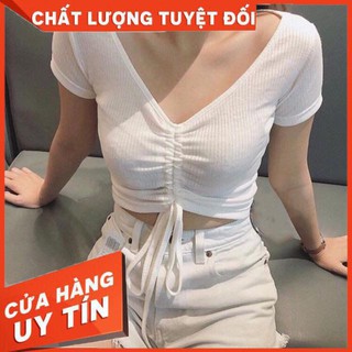 Áo thun gân crop dây rút giữa chất xịn co giãn- ảnh thật shop chụp