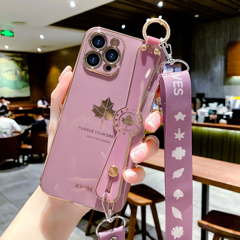 Ốp Điện Thoại Tpu Họa Tiết Lá Phong Sang Trọng Kèm Vòng Tay & Dây Đeo Cho IPhone 14 Pro X XS XR Max 8 7 6 6s Plus Se 3 2 2022 2020