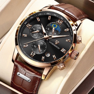 LIGE 2022 Đồng hồ nam Đồng hồ bấm giờ dây da thời trang nguyên bản sang trọng