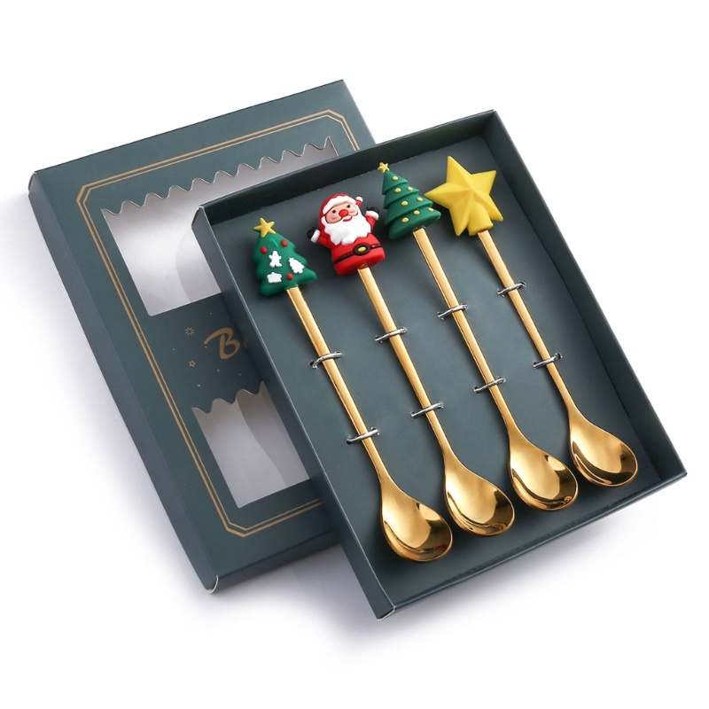 Set 4 Muỗng Nĩa Kèm Hộp Đựng Họa Tiết Giáng Sinh Dễ Thương