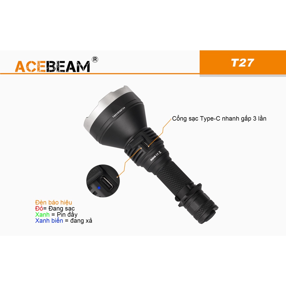 Đèn pin chiếu xa ACEBEAM T27 độ sáng 2500 lm  xa 1180m LED CREE XHP35 sạc USB-C pin sạc 21700 (kèm theo) Đèn &amp; Đèn Pin