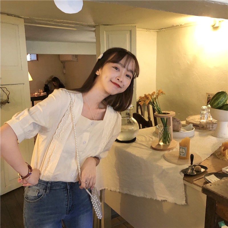 SUXI Áo Sơ Mi Ngắn Tay Cổ Vuông Dáng Rộng Thời Trang Hàn Quốc Dành Cho Nữ