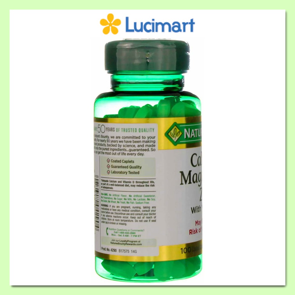 Viên uống Calcium Magnesium Zinc Nature's Bounty hũ 100 viên [Hàng Mỹ hạn dùng 2024]