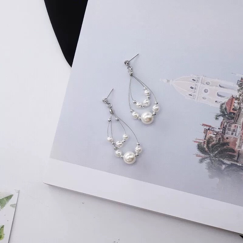 bông tai khuyên tai đính 2 vòng hạt châu siêu dễ thương