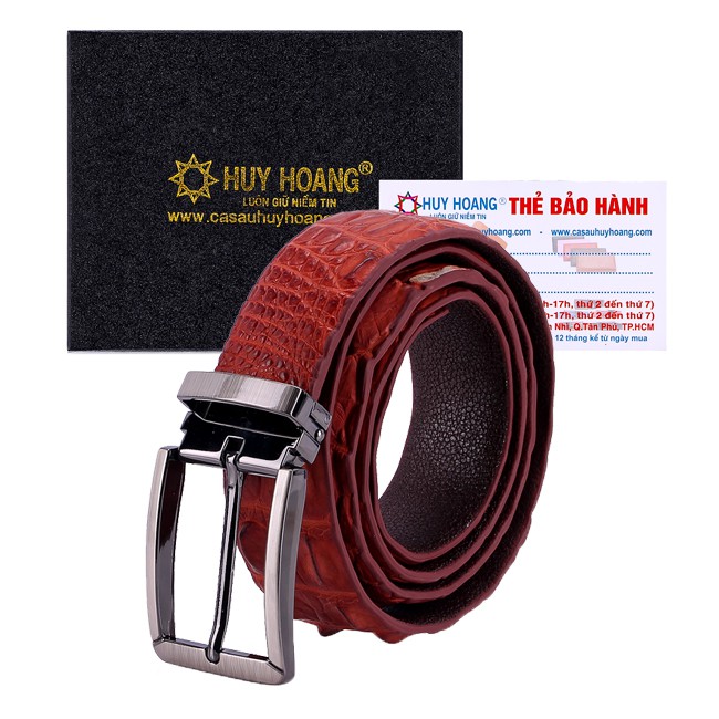 Dây nịt nam da cá sấu Huy Hoàng gai đuôi 3,5P đầu kim màu nâu đỏ HP4834
