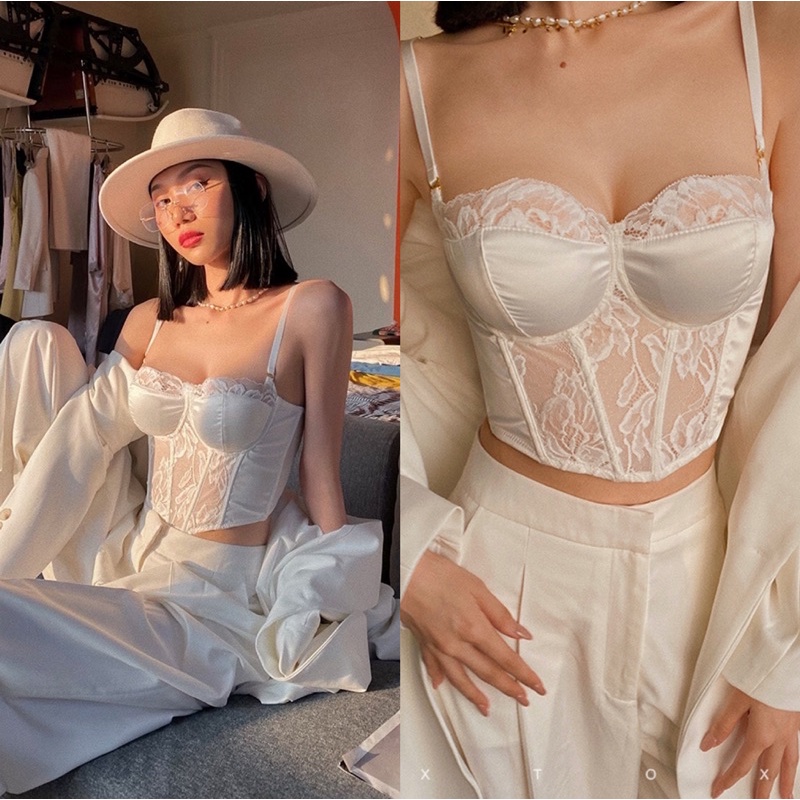 Corset vintage ren hoa cúp ngực chuẩn Bralette ren có đệm gọng mút nâng Áo bra nữ mặc trong vest sexy b | BigBuy360 - bigbuy360.vn