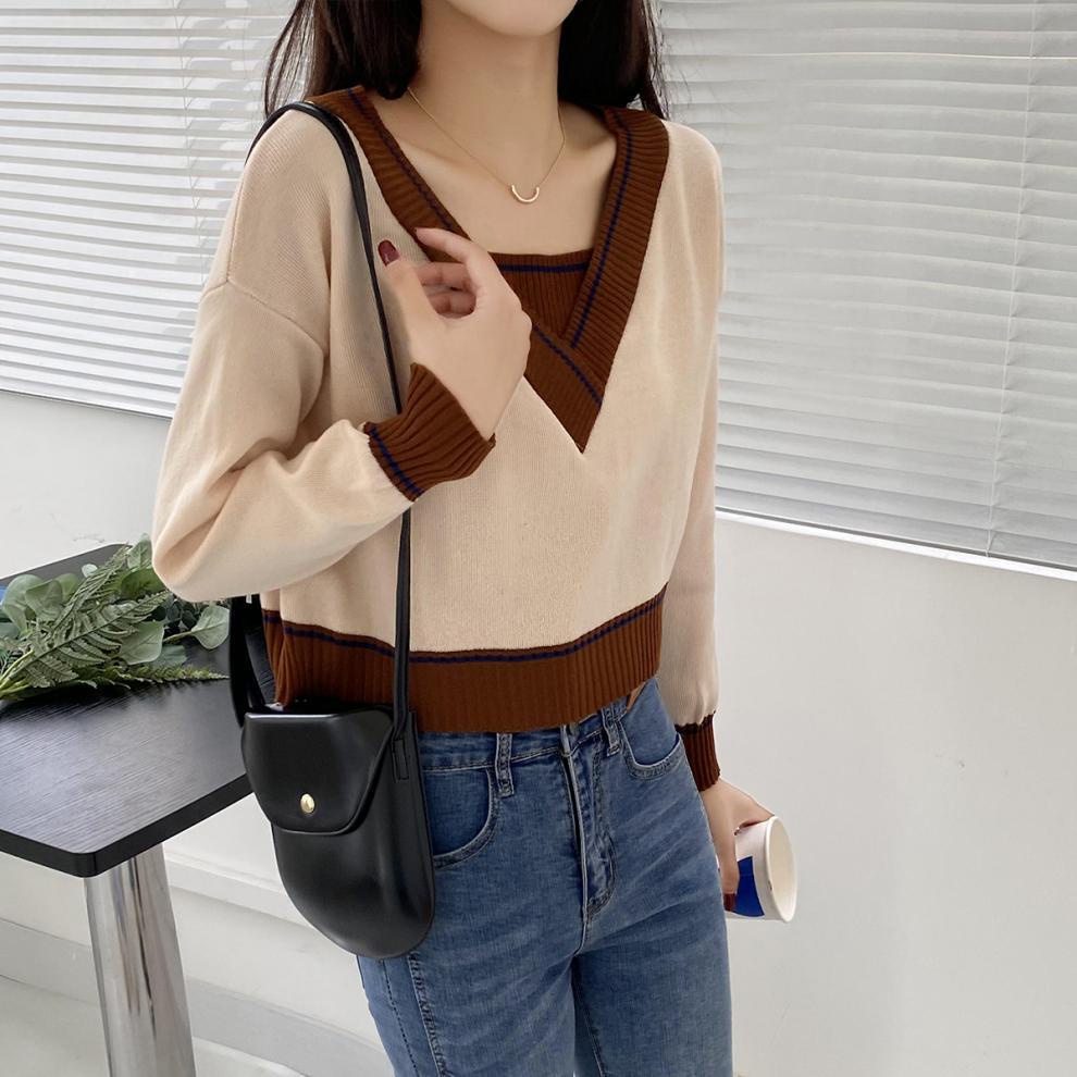 Áo sweater IELGY tay dài cổ chữ V phong cách phương tây cổ điển