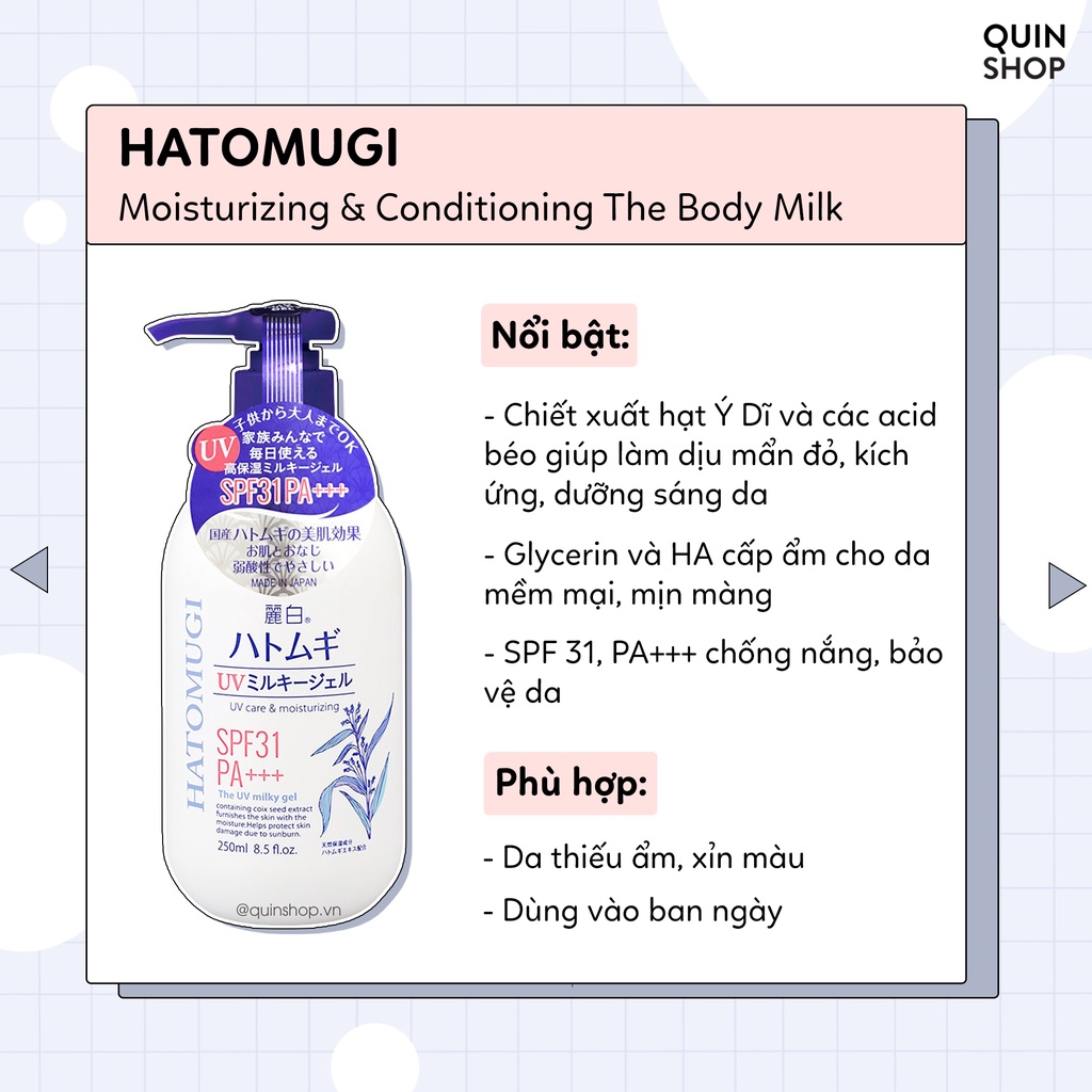 Sữa Dưỡng Thể Trắng Da Ngày, Đêm Hatomugi Moisturizing & Conditioning The UV Milky Gel, The Body Milk, The Body Lotion