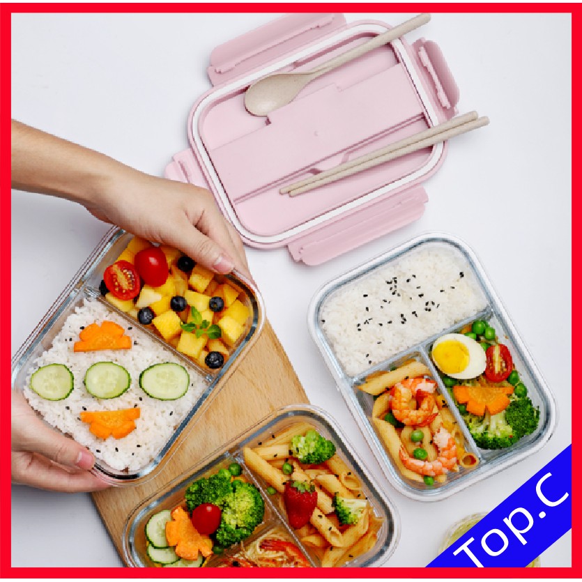 Hộp cơm thủy tinh 3 ngăn 960ML, Hộp đựng thức ăn 3 ngăn