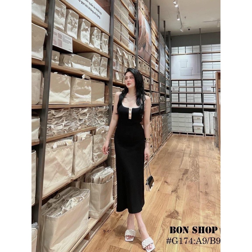 [8.8 Sales Freeship] Đầm thun 2 dây cúp ngực dáng dài maxi ôm body, đầm thun gân cổ vuông phối nút sexy, tôn dáng