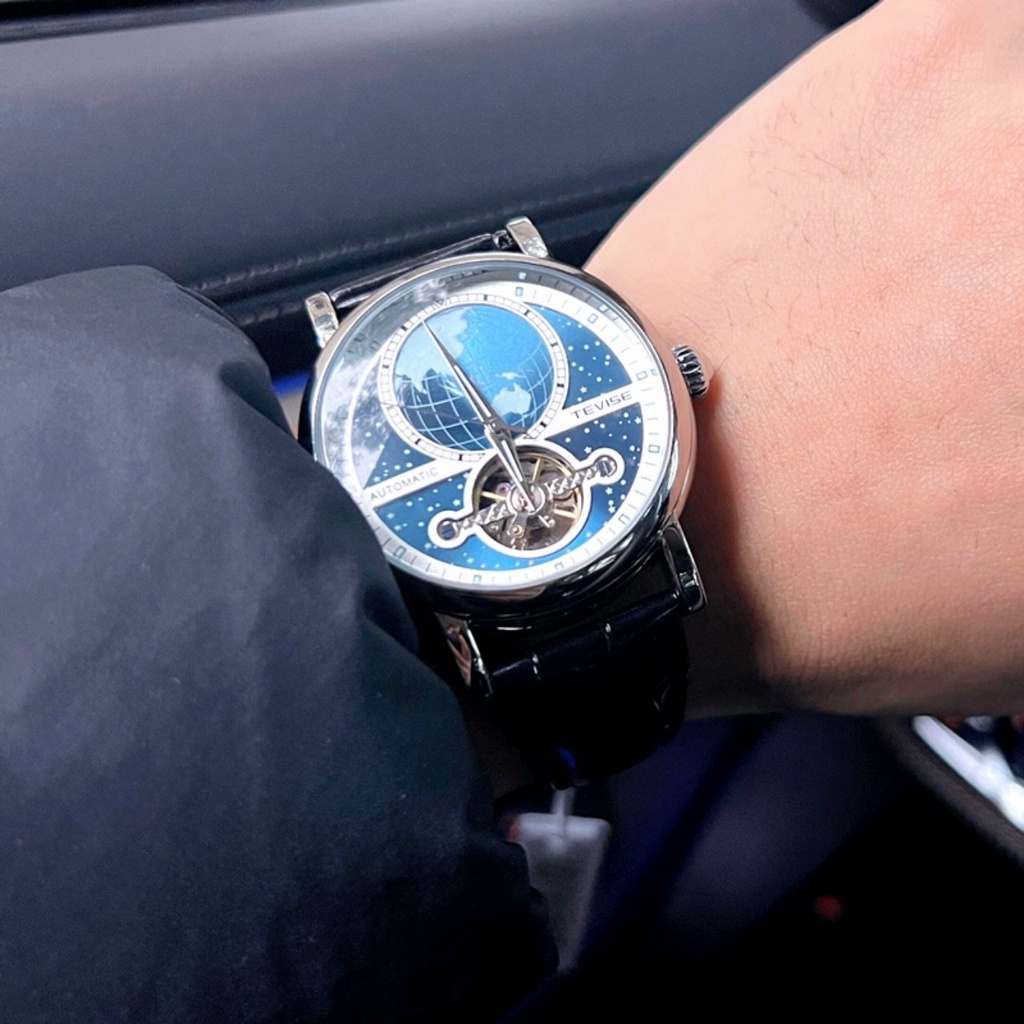 Đồng hồ cơ Nam Tevise dây da cao cấp, phản quang ban đêm, hàng chính hãng