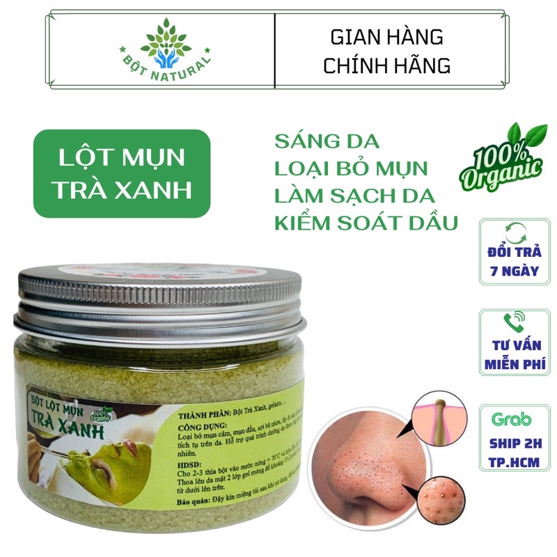 BỘT LỘT MỤN ORGANIC TRÀ XANH 50Gr - LỘT MỤN ĐẦU ĐEN, MỤN CÁM, SẠCH BÃ NHỜN-BỤI BẨN -AN TOÀN CHO DA)