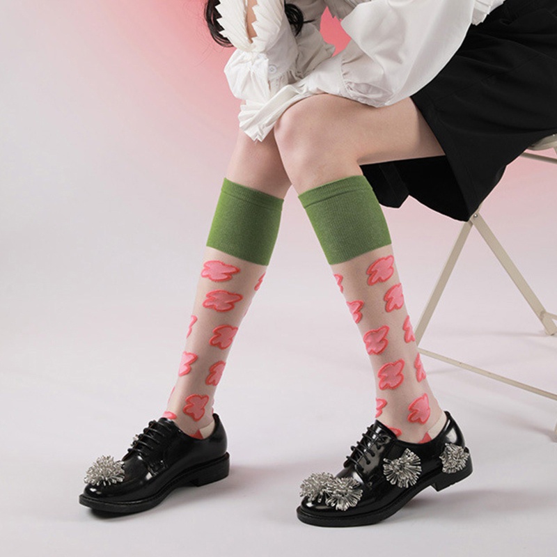 Xiangbao Vớ Ống Chân Phối Lưới Mỏng Thoáng Khí Họa Tiết Hoa Ngọt Ngào Phong Cách Harajuku Mùa Hè Cho Nữ