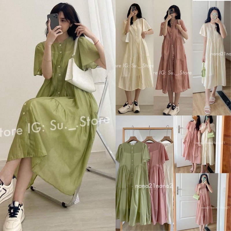 [Ảnh thật/Video]Đầm voan tơ Little kèm hai dây mặc trong hàng đẹp thiết kế cúc ngực tiểu thư Đầm maxi dámg dài đi biển