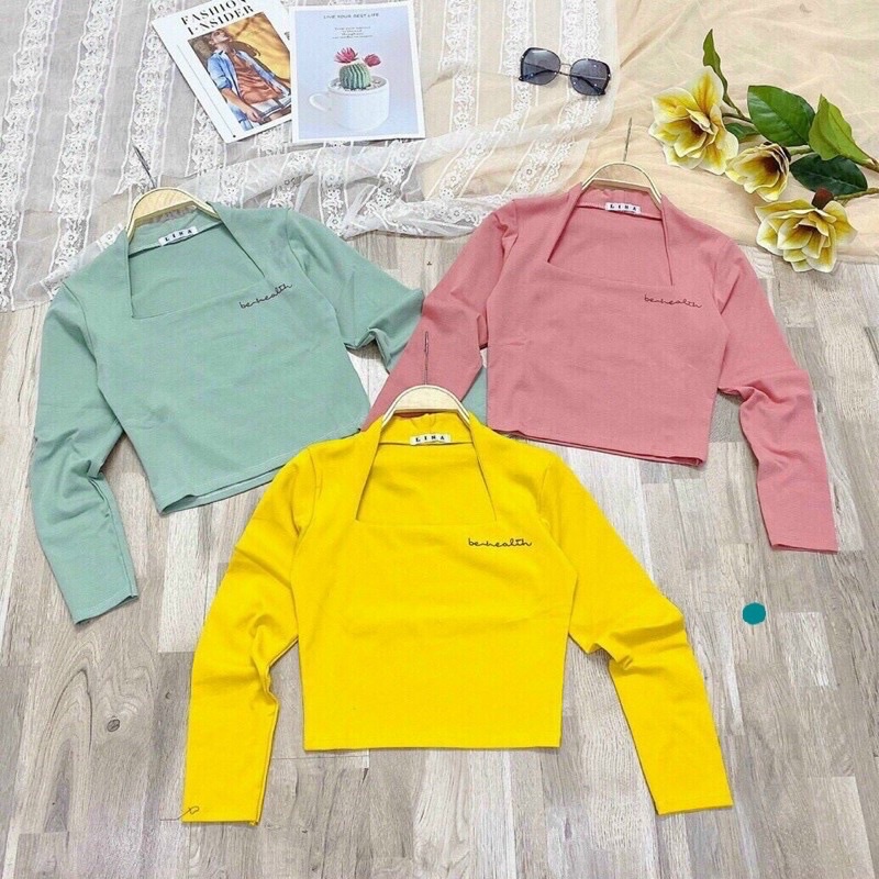 Áo kiểu croptop nữ đẹp ôm body tay dài cổ vuông thêu phong cách hàn quốc cực dễ thương mẫu mới thời trang