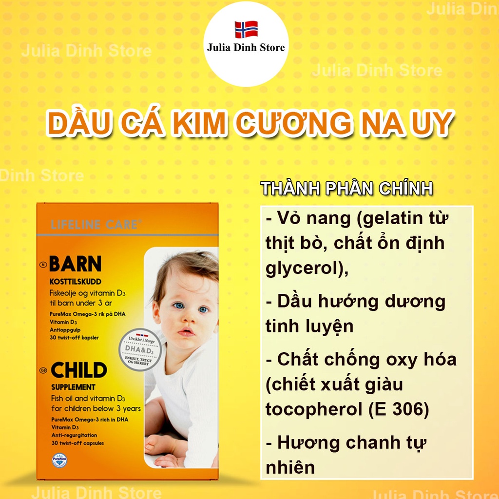 Dầu cá kim cương LIFELINE CARE BARN bổ sung Omega 3, Vitamin D3 nội địa Na Uy - hộp 30 viên