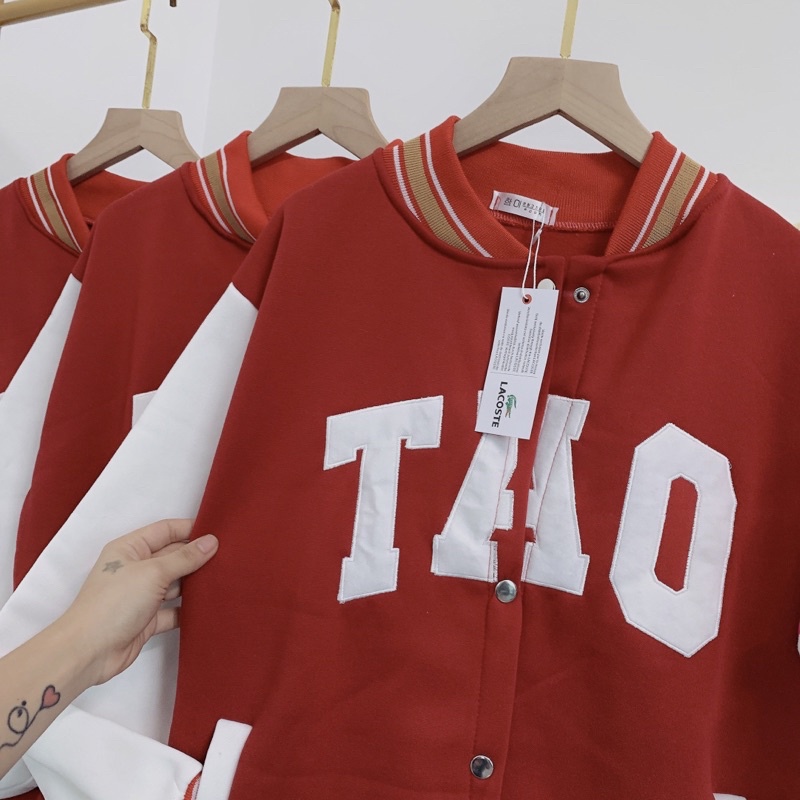 Áo Bomber Nỉ Tàu Đỏ Áo Khoác Bóng Chày TAO Đỏ Trắng