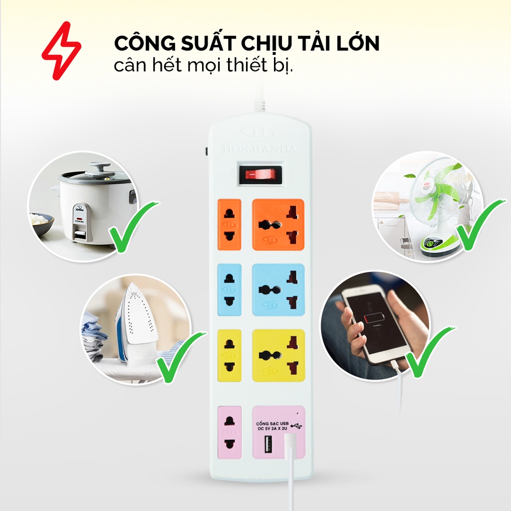 Ổ cắm điện đa năng Honjianda Có USB Mã 04 Dây 3m/5m - an toàn chống quá tải