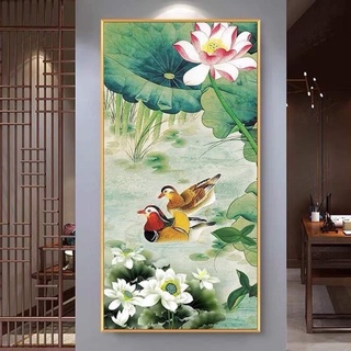Tranh thêu chữ thập uyên ương đứng, kích thước 50x100cm thêu kín