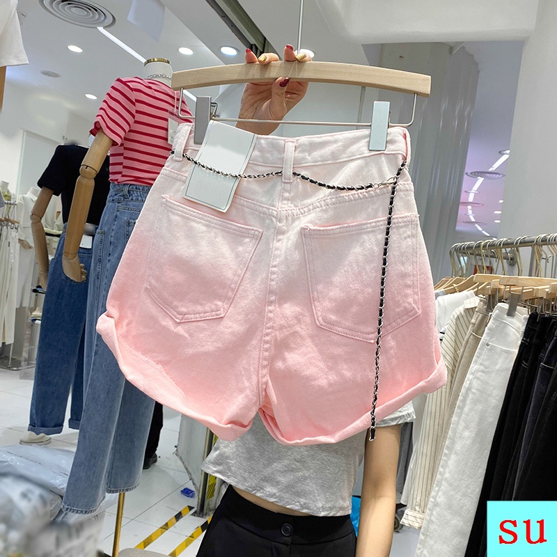 Quần Short Denim Màu Loang Lưng Cao Ống Rộng Thời Trang Mùa Hè 2022 Kích Thước Nhỏ Phong Cách Mới Cho Nữ