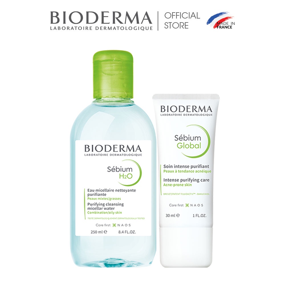 Bộ đôi làm sạch &amp; dưỡng da giảm mụn Bioderma Sebium H2O 250ml và Sebium Global 30ml