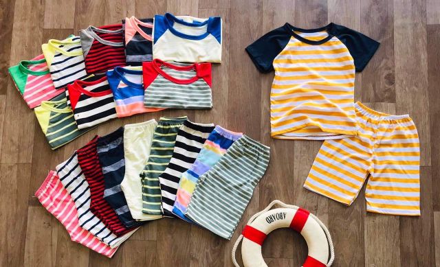 Bộ quần áo cộc tay quần đùi cho bé trai bé gái kẽ sọc thun cotton 5 ĐẾN 15KG