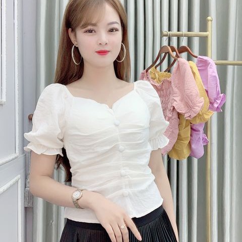 Áo Sơ Mi Nữ Kiểu Công Sở Ngắn Tay Cổ Tim thiết kế - 4 màu: Trắng, Hồng, Tím, Vàng - Hanlly Fashion Thời Trang Nữ - AM29