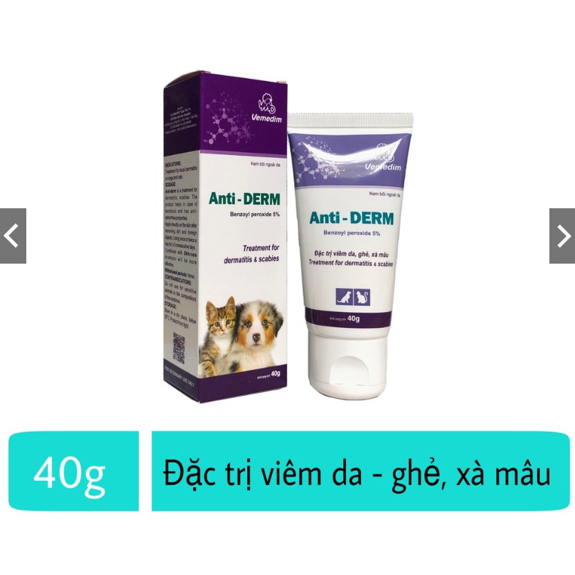 Anti Derm - Kem bôi ngoài da trị viêm da, ghẻ ngứa, xà mâu trên chó mèo - Devedim - 40g