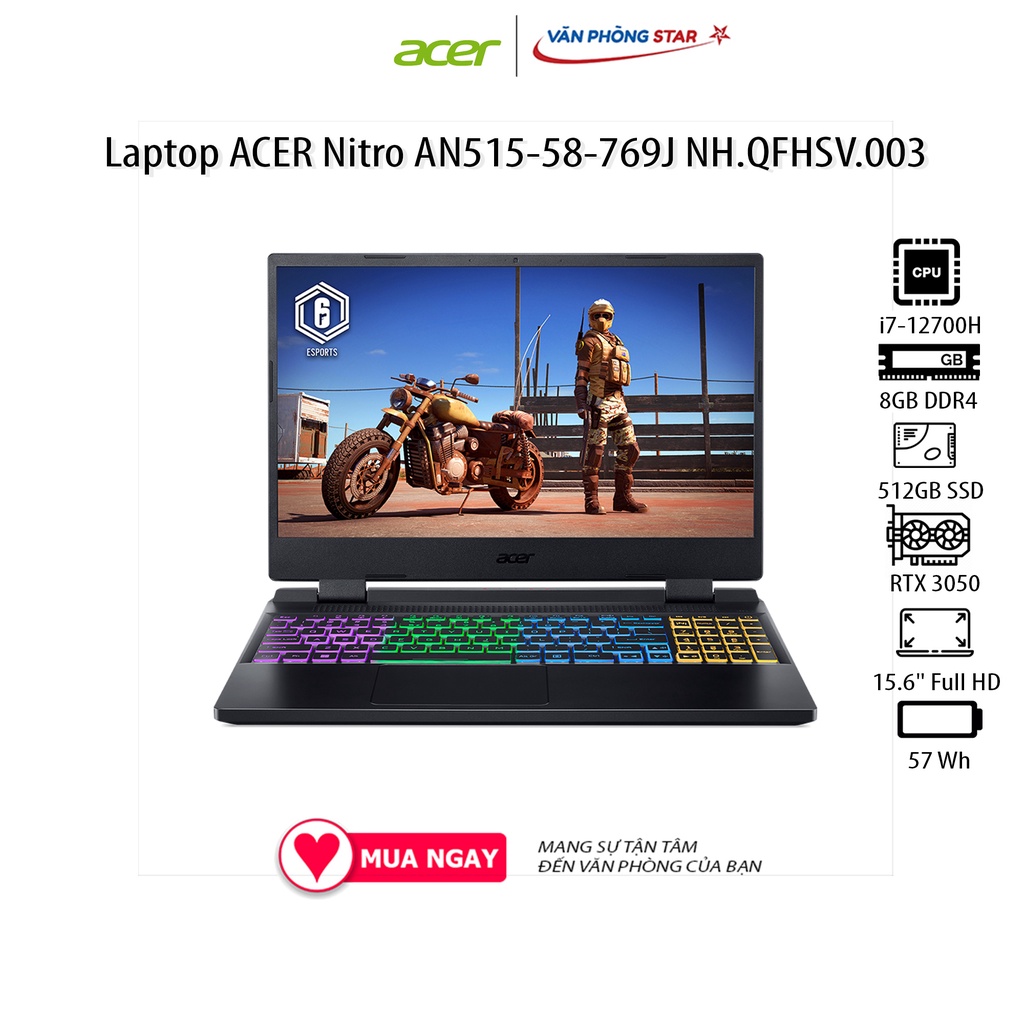 Laptop ACER Nitro AN515-58-769J NH.QFHSV.003 (15.6&quot; Full HD/ 144Hz/Intel Core i7-12700H/8GB/512GB SSD/NVIDIA RTX 3050
