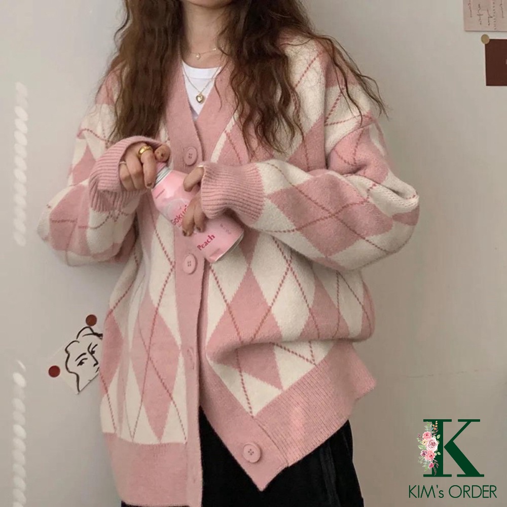 Áo cardigan nữ khoác ngoài màu hồng đen chất len hoạ tiết hình quả trám to phom rộng loại 1 phong cách tiểu thư Hàn Quốc