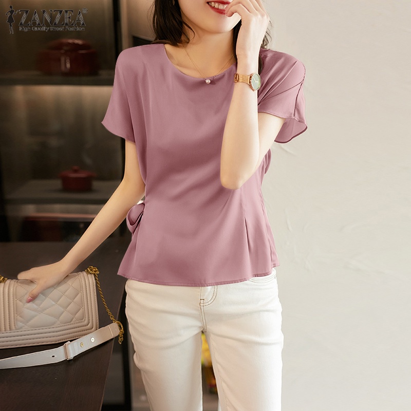 Áo kiểu ZANZEA ngắn tay vải satin màu trơn thời trang cho nữ