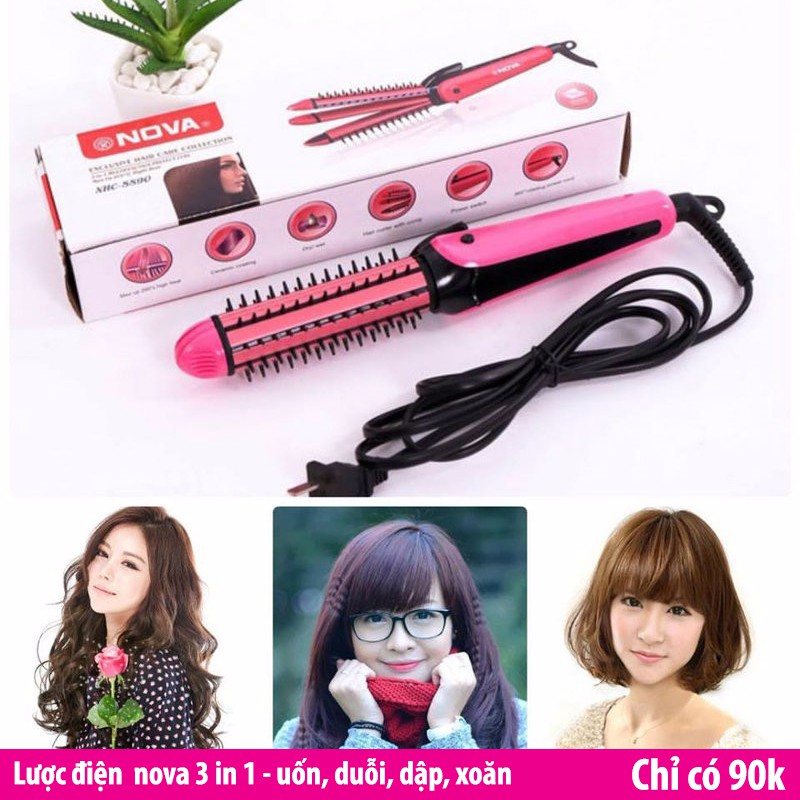 ⚡DÙNG LÀ ĐẸP⚡ Lược điện uốn tóc tiện dụng 3 in 1 uốn, duỗi, bấm, là Nova NHC-1616-2