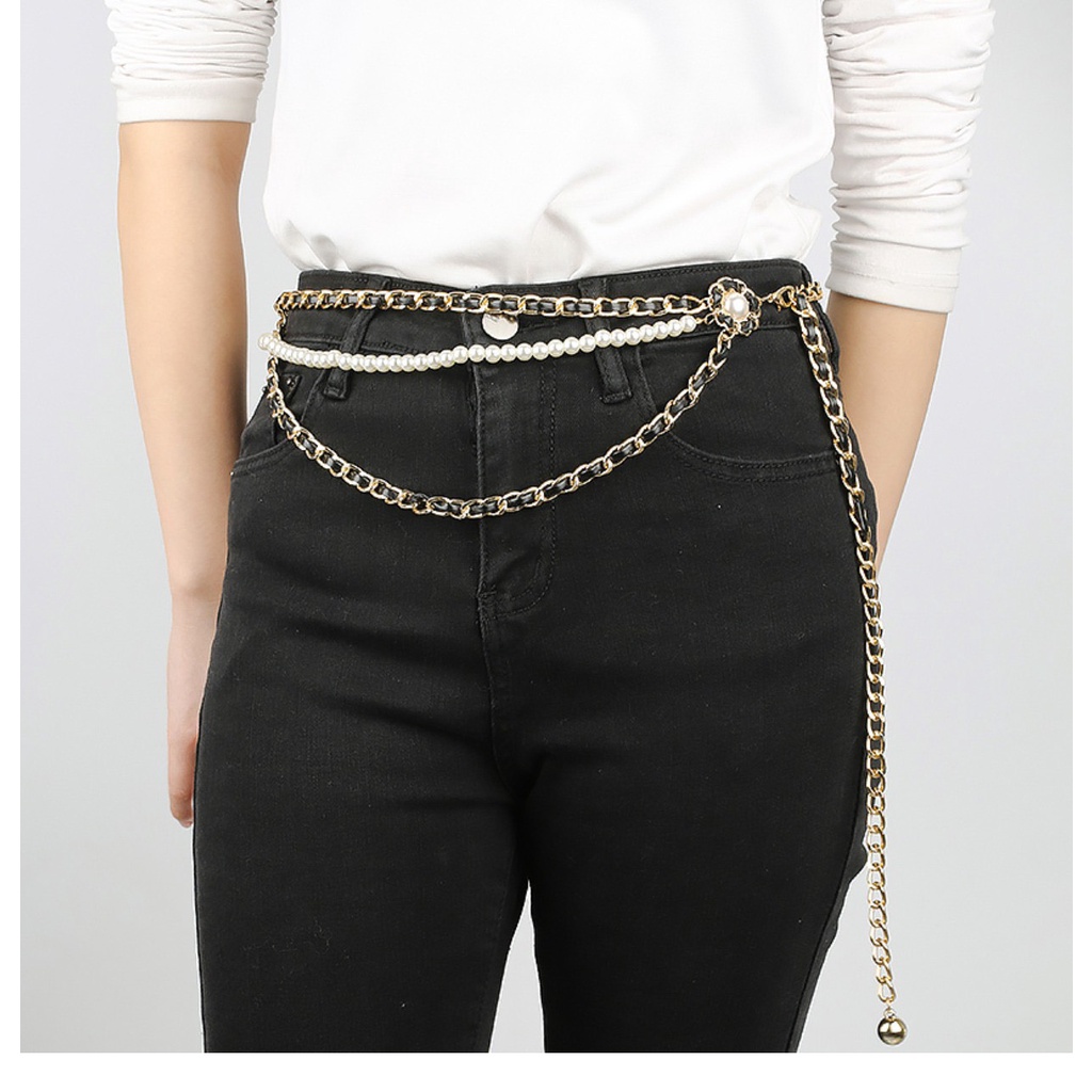 Dây đai thắt lưng quần phối chuỗi ngọc phù hợp với nhiều outfit Dây thắt eo nữ Yams Closet