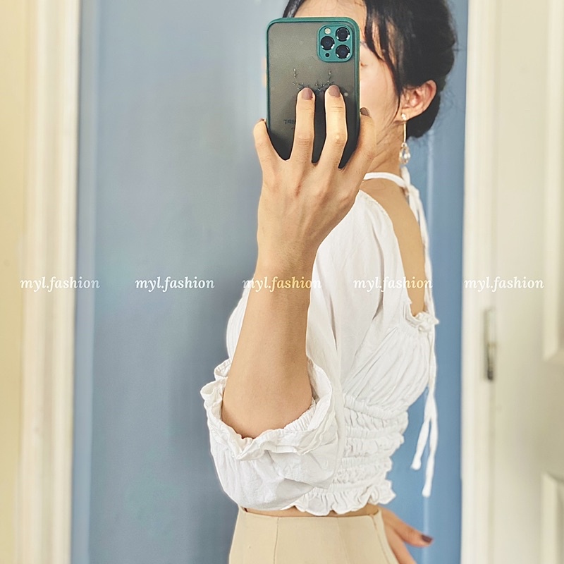 Áo croptop ulzzang trắng buộc dây cổ, áo croptop tay dài cổ vuông - myl.fashion